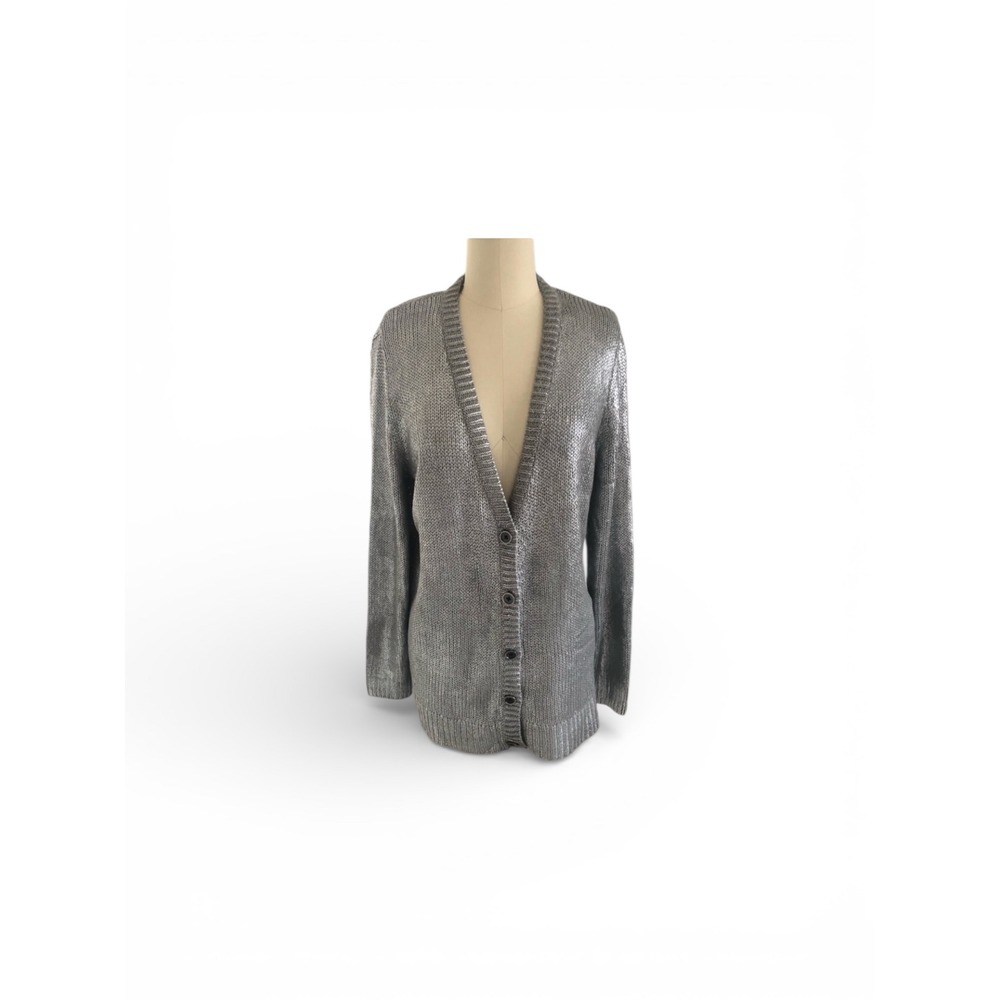 JONES NEW YORK Metallic Knit Cardigan Women's Sz M Silver Long Sleeve V-Neck